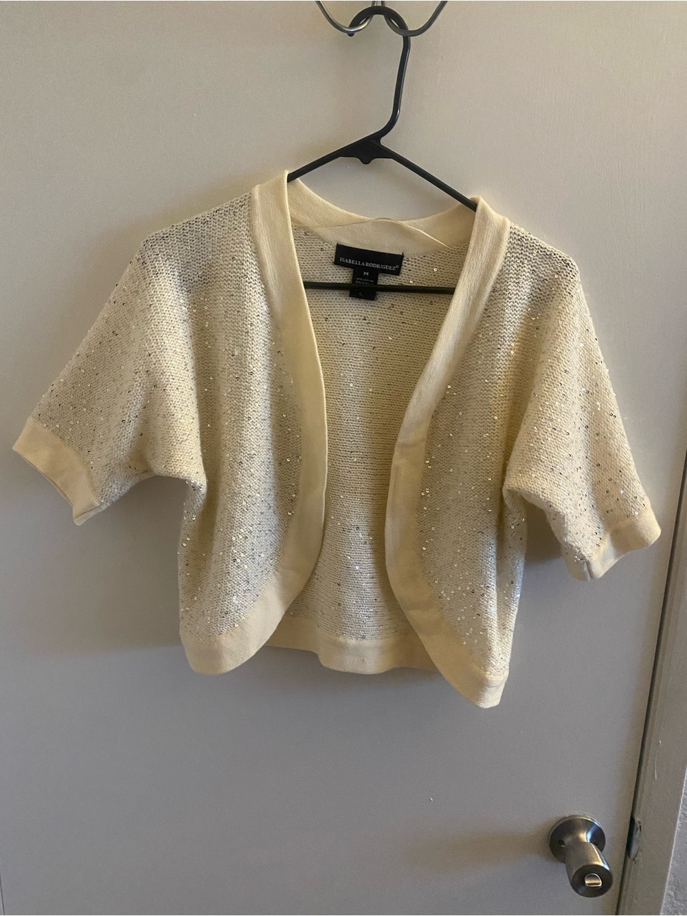 Isabella Rodriguez Cream Short-Sleeve Open Knit Cardigan with Sparkle